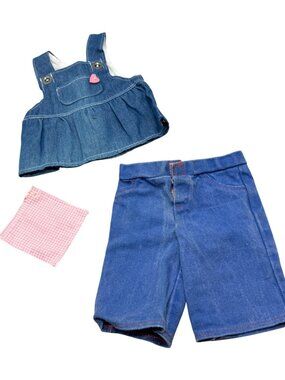 Denim Doll Outfit With Top Shorts & Pink Checkered Bandana Used READ